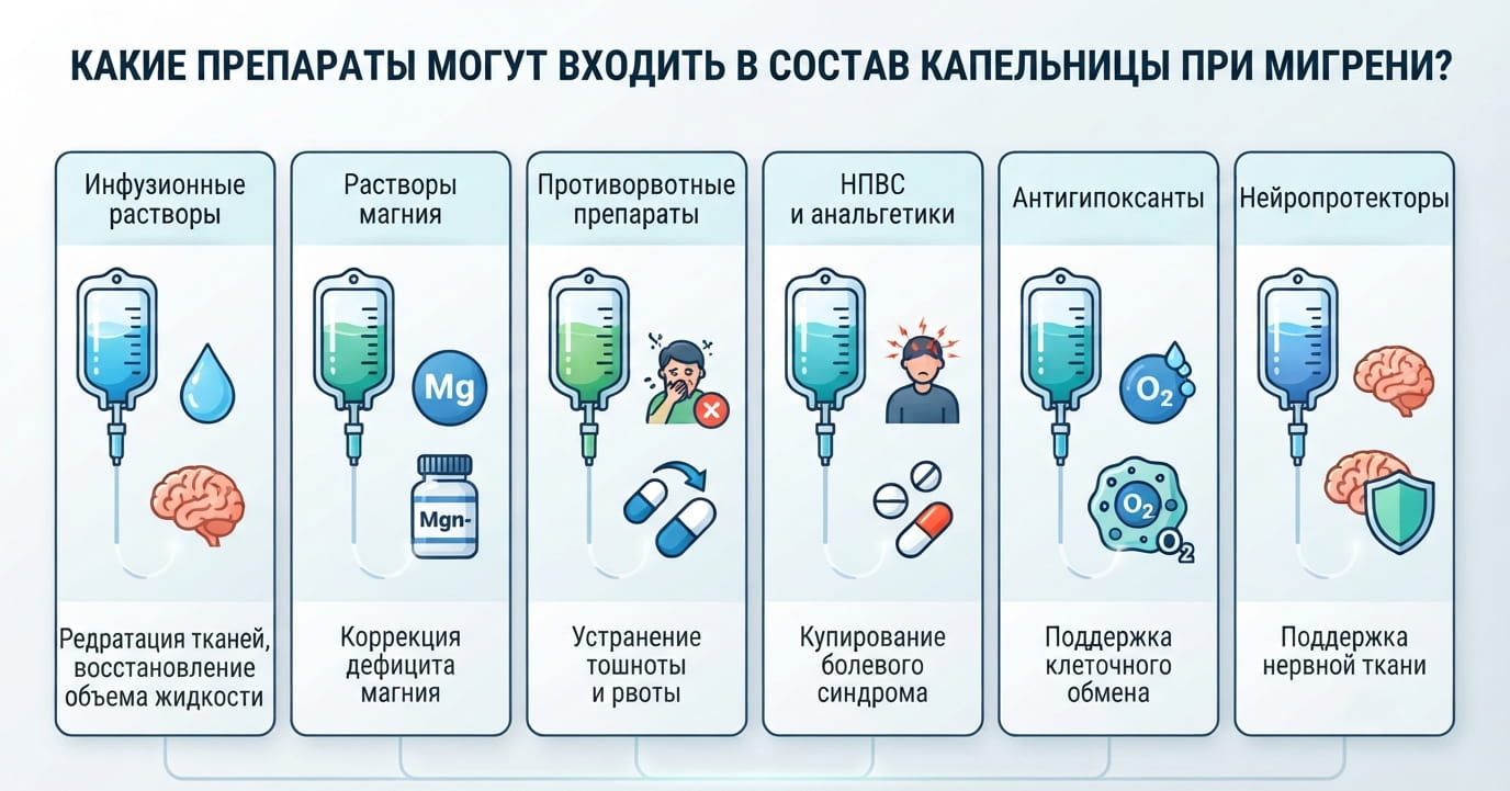 Какие препараты могут входить в состав капельницы при мигрени