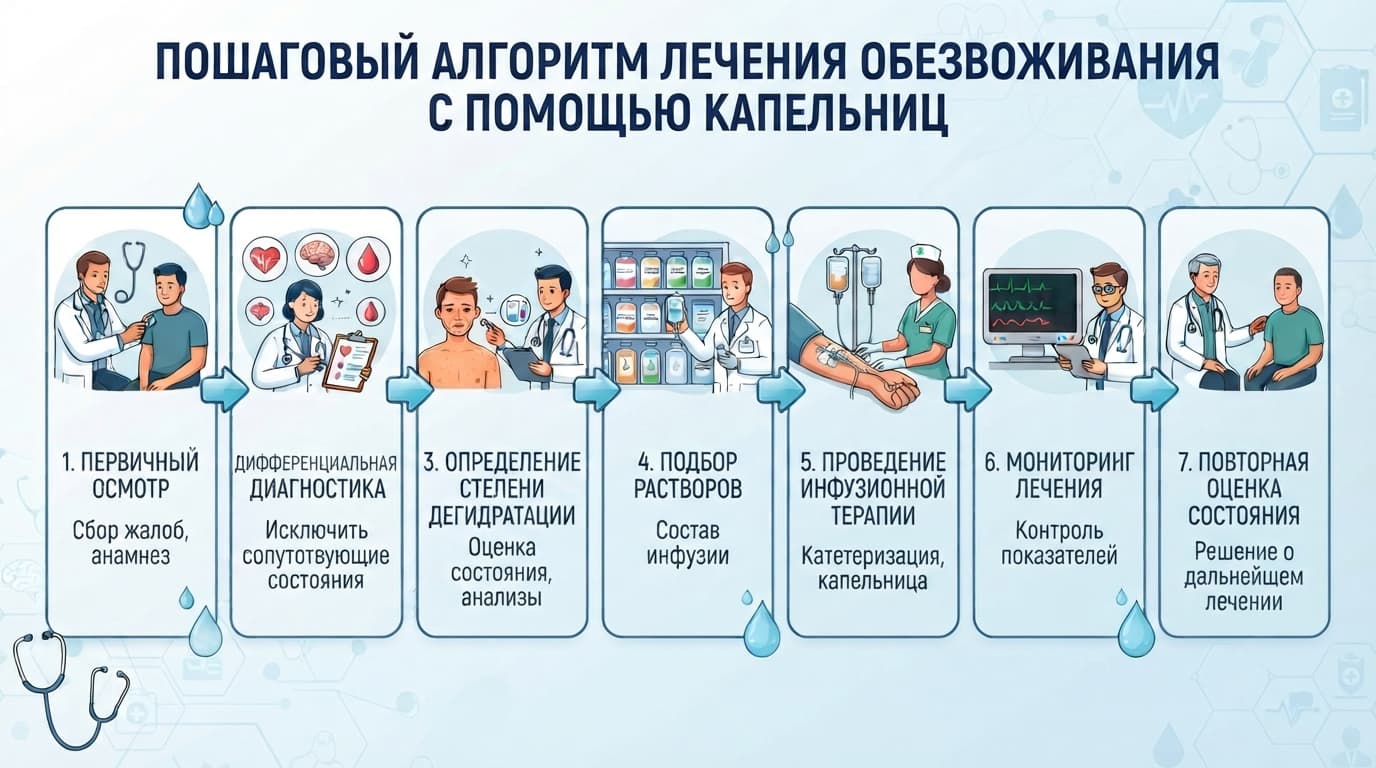 Пошаговый алгоритм лечения обезвоживания с помощью капельниц